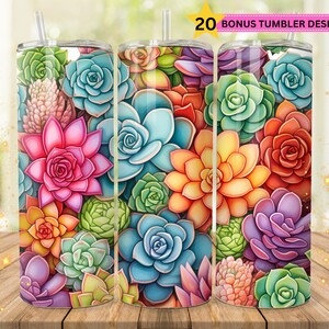 Succulent Tumbler Wrap, 20oz tumbler wrap, succulent pattern, skinny tumbler, sublimation design, digital download, watercolor cactus plant