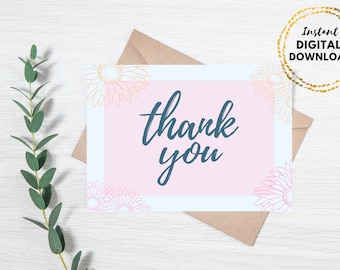 Printable Thank You Greeting Card, Daisy Flowers, Thank You Digital Download 5x7 Blank Card