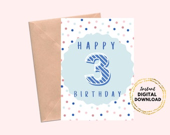 Happy 3rd Birthday Printable Card, Blank 5x7 Digital Download Birthday Card