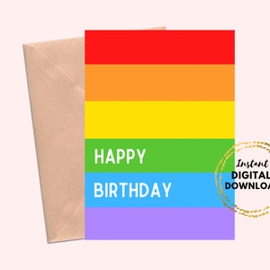Tarjeta de feliz cumpleaños arco iris imprimible, tarjeta de cumpleaños del orgullo gay en blanco 5x7 DIY Tarjeta de cumpleaños de descarga instantánea