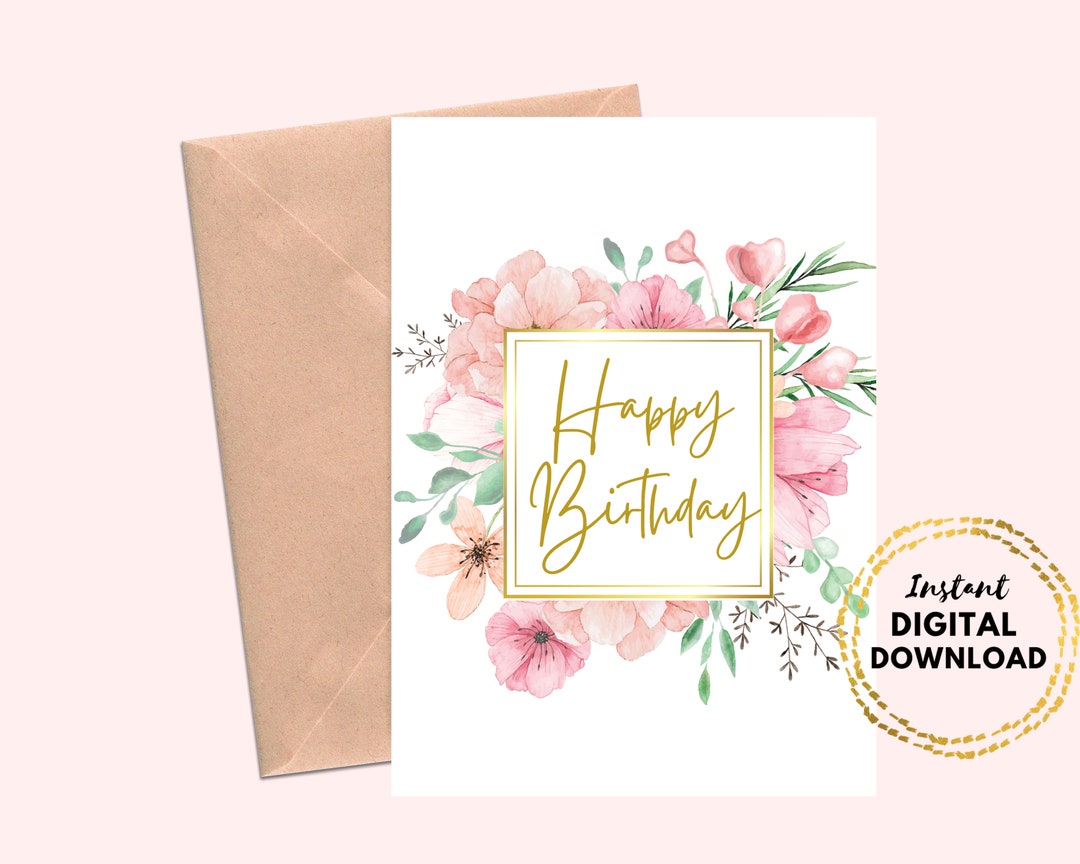 Happy Birthday Printable Floral Greeting Card Blank 5x7 Pink - Etsy