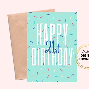 Happy 21st Birthday Printable Card, Blue 21st Birthday Instant Download Blank 5x7 Birthday Card