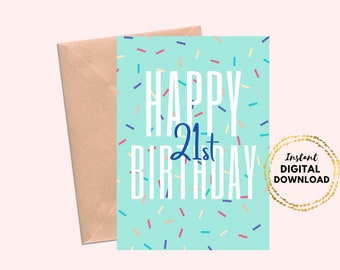 Happy 21st Birthday Printable Card, Blue 21st Birthday Instant Download Blank 5x7 Birthday Card