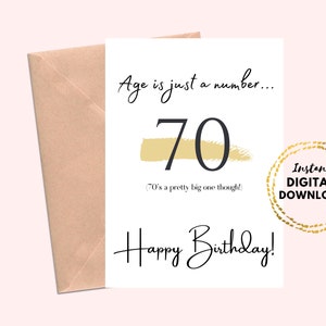 Afdrukbare Happy 70e verjaardagskaart, leeftijd is slechts een getal Grappige 70e verjaardagskaart, lege 5x7 minimalistische kaart Instant Download