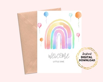 Regenboog nieuwe baby afdrukbare wenskaart, welkom kleintje nieuwe baby moederschap nieuwe moeder baby shower cadeaubon