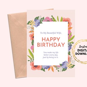 Cartão de aniversário floral para impressão de feliz aniversário para minha linda esposa em branco 5x7 cartão de aniversário rosa para esposa