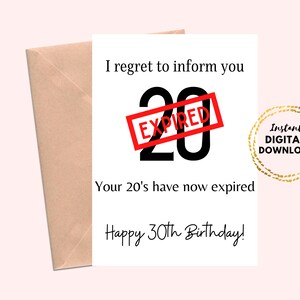 印刷可能な 30 歳の誕生日おめでとうカード、20 代はもう終わりです。空白の誕生日グリーティング カード