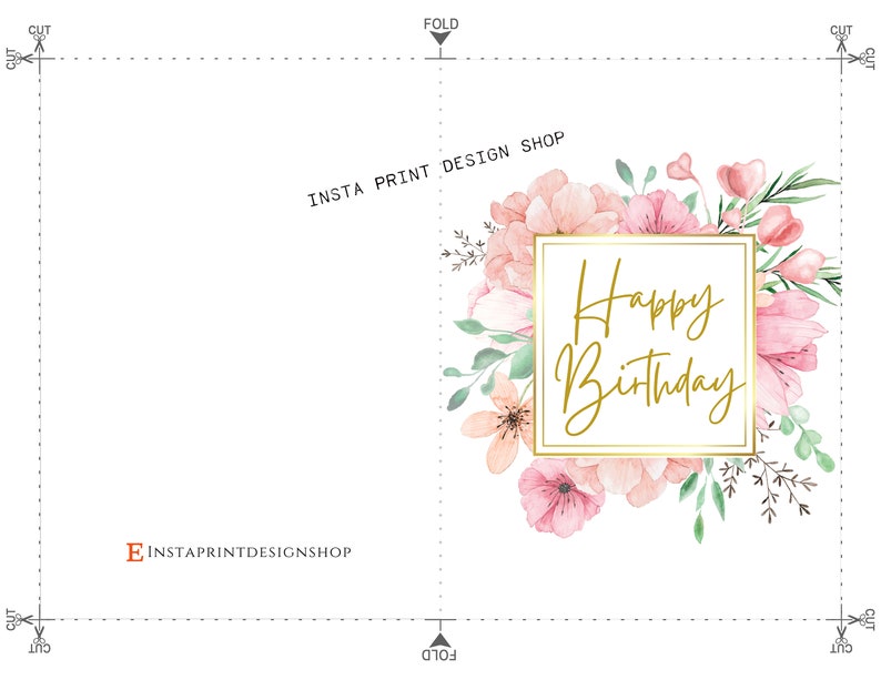 Happy Birthday Printable Floral Greeting Card Blank 5x7 Pink - Etsy