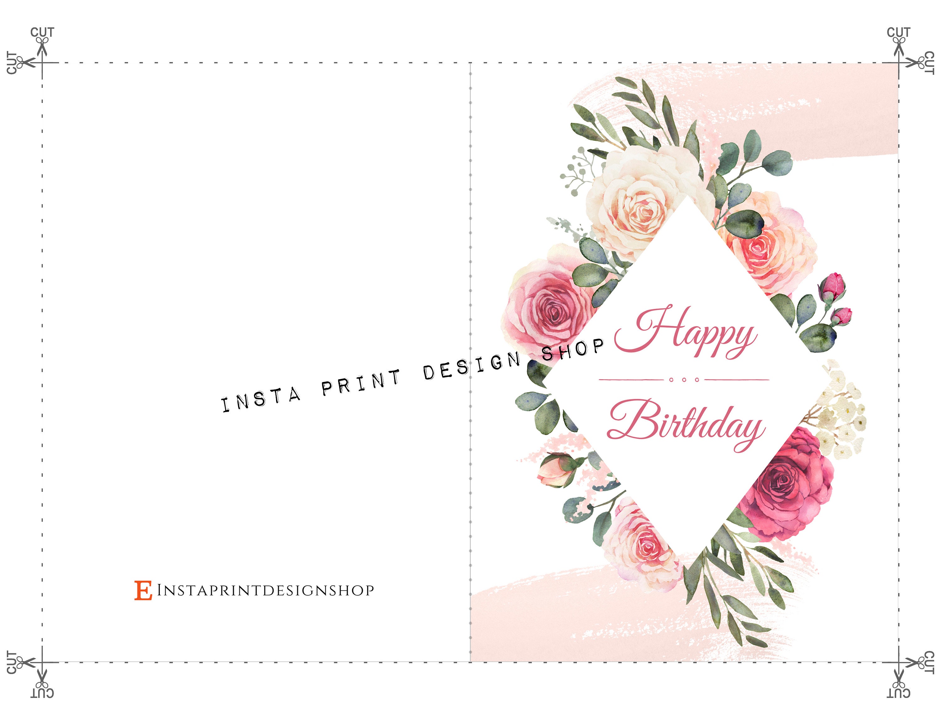 Printable Happy Birthday Floral Greeting Card Blank 5x7 Pink Birthday ...