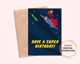 Have A Super Birthday Printable Card, Super Hero Birthday Card Blue 5x7 Blank Digital Download Birthday Card