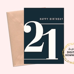 Printable Happy 21st Birthday Card, Minimal Birthday Card 21st Blank 5x7 Instant Download