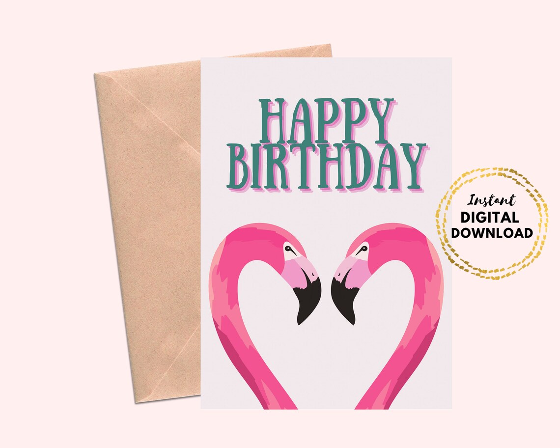 Happy Birthday Flamingo Printable Card, Blank 5x7 Digital Download ...