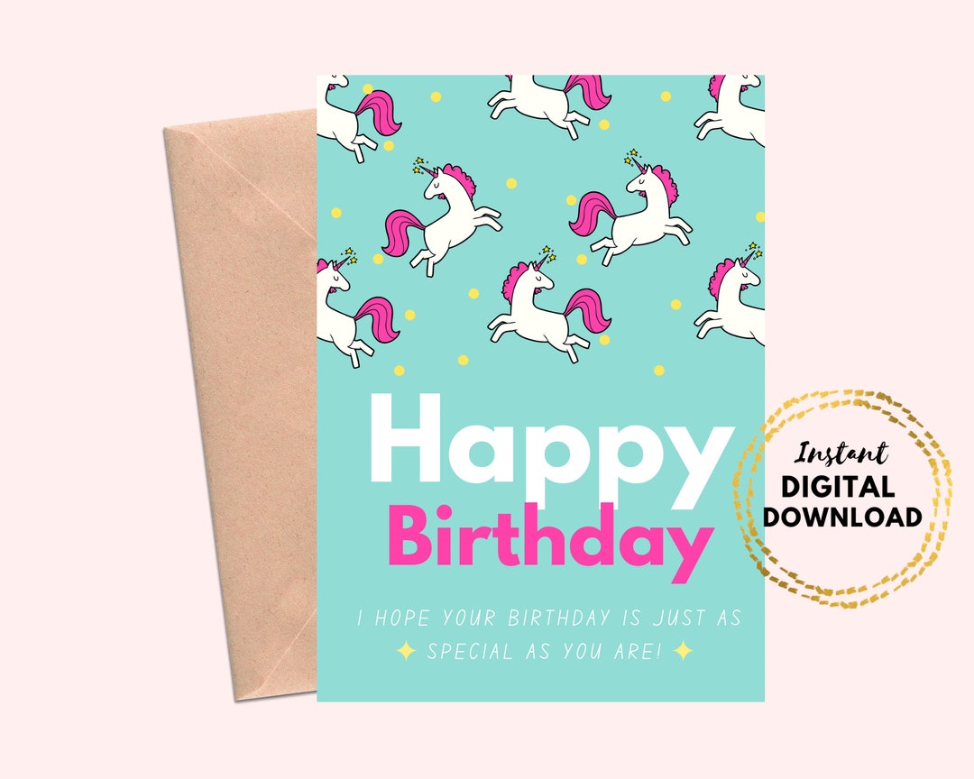 Printable Unicorn Birthday Card, Blank 5x7 Instant Download Birthday ...