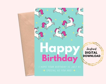 Printable Unicorn Birthday Card, Blank 5x7 Instant Download Birthday Card For Kids, Girls, Unicorn Card
