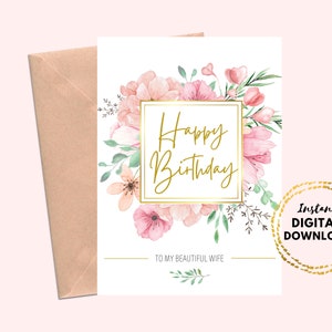 Feliz aniversário para impressão para minha linda esposa cartão floral em branco 5x7 cartão de aniversário rosa