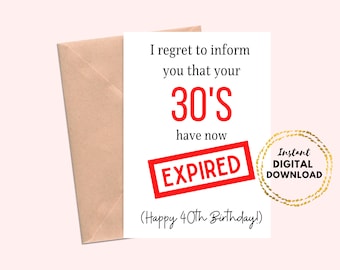 Printable Happy 40th Birthday Card, Your 30's Have Now Expired Blank 40th Birthday Funny Greeting Card