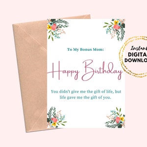 Druckbare Happy Birthday To My Bonus Mom Geburtstagskarte Blanko 5x7 Floral Geburtstags-Grußkarte
