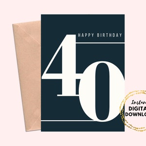 Druckbare Happy 40th Birthday Karte, Minimal Geburtstagskarte 40th Blank 5x7 Instant Download