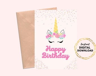 Printable Unicorn Birthday Card, Blank 5x7 Instant Download Birthday Card For Kids, Girls, Unicorn Card