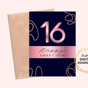 Druckbare Happy Sweet 16. Geburtstag Karte, 17x18 Blanko Geschenkkarte zum 16. Geburtstag zum Selbermachen