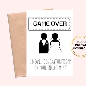 Druckbare Gamer-Verlobungskarte, Game Over, Glückwunsch-Verlobungskarte für Gamer