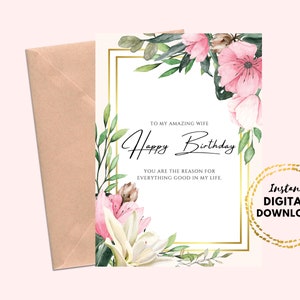 Feliz aniversário para impressão para minha incrível esposa Cartão floral em branco 5x7 Cartão de aniversário para esposa