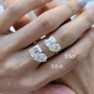 18k solid gold 3.5 Carat Certificated D Color Excellent Pear Cut and Emerald Cut double Moissanite  Toi Et Moi style engagement ring