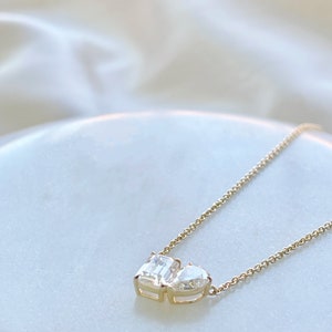 14k Solid Yellow Gold Pear and Emerald Moissanite Toi Et Moi Pendant Necklace