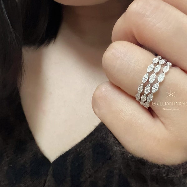 Moissanite Full Eternity Diamond Band Stackable Ring in Platinum Plated Sterling Silver