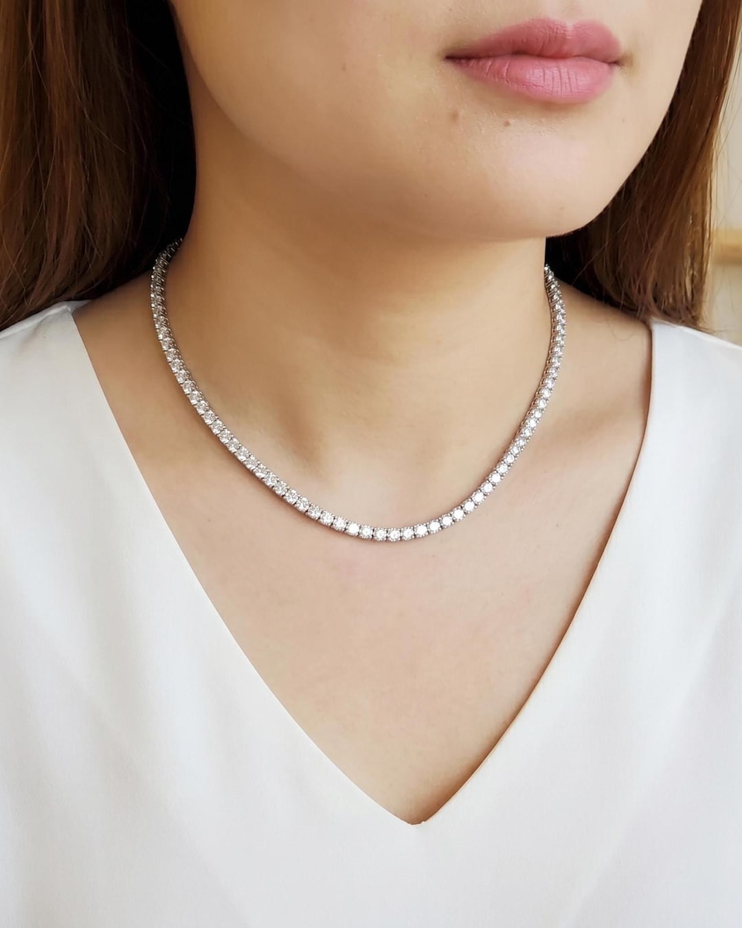 4 Mm Moissanite 925 Silver Tennis Necklace With Safety Luck for