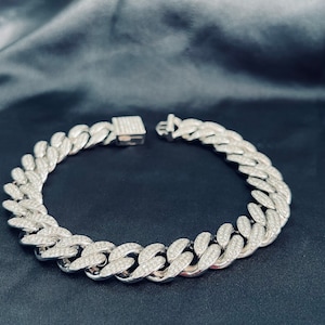 12mm 925 Sterling Silver Iced out Moissanite Cuban Link Bracelet for men 7.5” to 8.5&quot; length