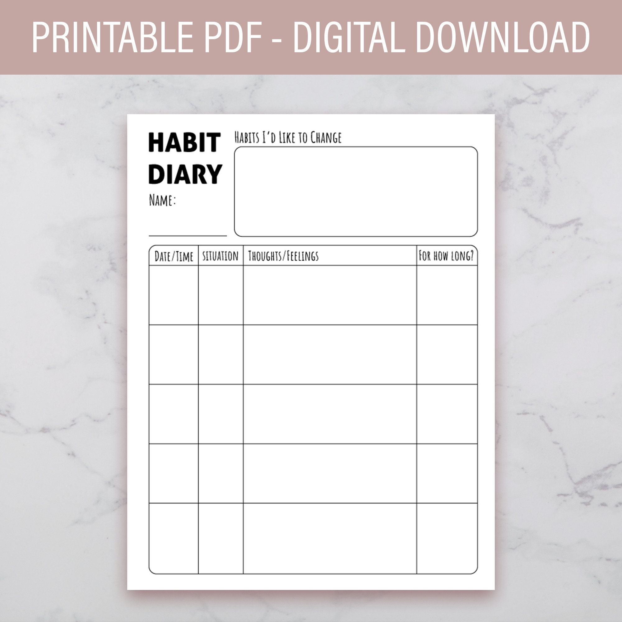 Habit Diary Printable PDF Worksheet mental health journal Etsy