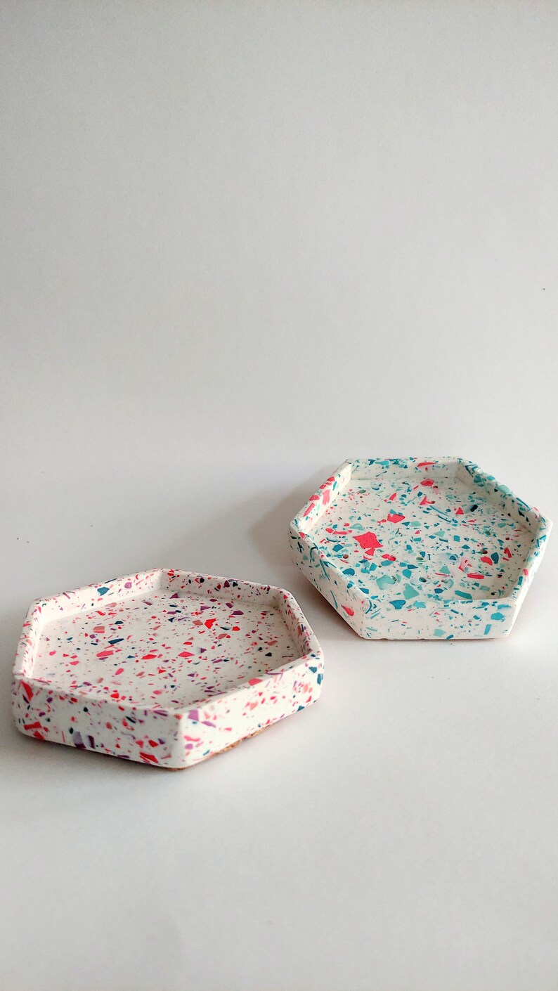 Hexagon Terrazzo Coaster with Rim, Colourful Home Decor, Storage Tray, Terrazzo Tray, Jewellery Display Tray, Living Room Accessories image 5