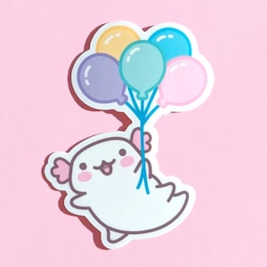 Süßer Axolotl Sticker, Kawaii Vinyl Sticker, Pastell Ballons Aufkleber, Laptop Sticker, Kawaii Aufkleber, Deko Sticker