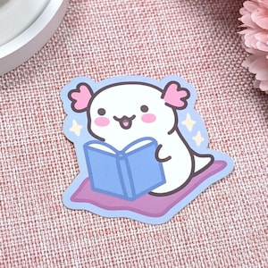 Süßer Axolotl Sticker, Kawaii Vinyl Sticker, Lesendes Axolotl, Laptop Sticker, Kawaii Aufkleber, Sticker Bücherwurm