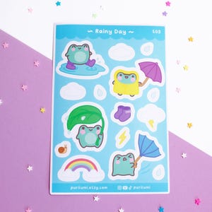 Süßer Frosch Regen Stickerbogen, Regenwetter Stickerbogen, Wolken Regenbogen Aufkleber, Süße Wetter Sticker, Frosch Aufkleber