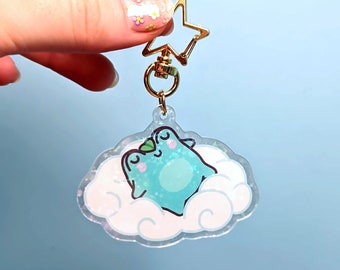 Frog Keychain, Holographic Stars, Cute Animal Pendant, Glitter, Kawaii, Charm