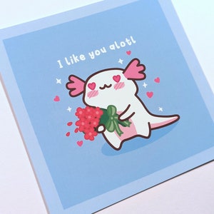 Axolotl Kunstdruck, Tier Postkarte, Quadratische Postkarte, Grußkarte Valentinstag, Kawaii Illustration, Süßer Kunstdruck, Axolotl Print
