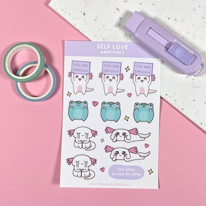 Axolotl Frosch Stickerbogen, Kawaii Bullet Journal Sticker, Scrapbook Stickers, Mental Health Stickers, Planer Sticker, Süße Tier Sticker