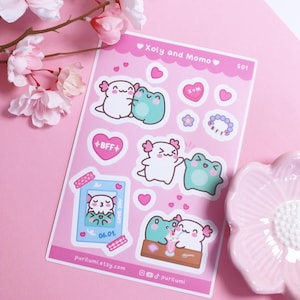 Süßer Freundschafts Stickerbogen, Süße Bullet Journal Sticker, Frosch Aufkleber, Axolotl Sticker, Rosa Herz Stickerbogen, Kawaii Aufkleber