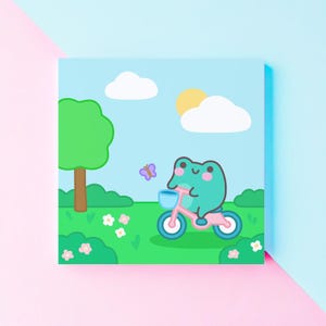 Frosch Postkarte, Quadratische Postkarte, Frosch Kunstdruck, Fahrradfahrender Frosch, Süße Postkarte, Kawaii Kunstdruck, Frosch Geschenk
