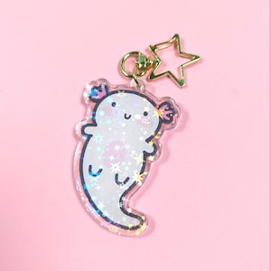 Axolotl Keychain, Holographic Stars, Cute Animal Pendant, Glitter, Kawaii, Charm