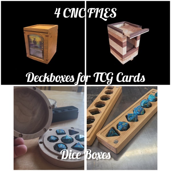 Four CNC Files Deck & Dice Boxes, deckbox with dice compartment, Circular and rectangular dice boxes dnd svg crv dxf