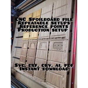 May include: A CNC spoilboard file with multiple repeatable setups, reference points, and a production setup. The file is available for instant download in SVG, DXF, CRV, AI, and PDF formats.