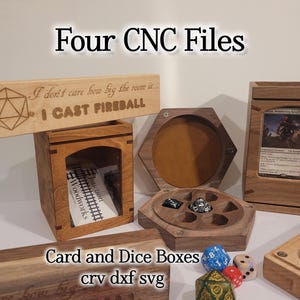 Quatre fichiers CNC Deck & Dice Boxes, deckbox avec compartiment à dés, boîtes à dés circulaires et rectangulaires dnd svg crv dxf