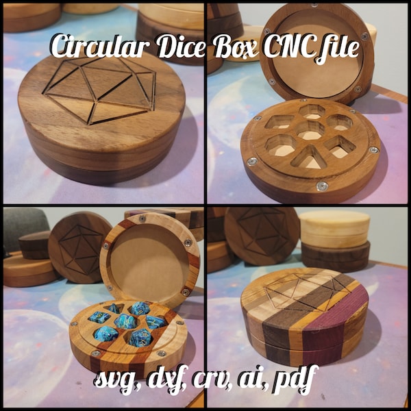 Circle Dice Box with Dice tray CNC Design file svg, dxf, crv, for DnD, Tabletop Gaming, Dungeons and Dragons, Plans