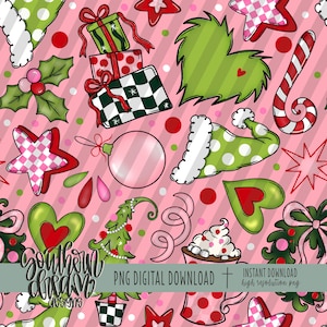 May include: A seamless digital pattern featuring Christmas-themed illustrations on a pink diagonal striped background. Elements include green polka-dot hats, stacked gift boxes, candy canes, holly, stars, ornaments, and a hot cocoa mug.