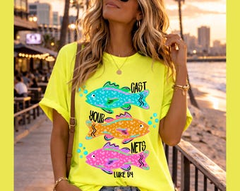 Cast Your Nets PNG, Neon Summer Faith PNG, Neon Fish, Christian Digital Download