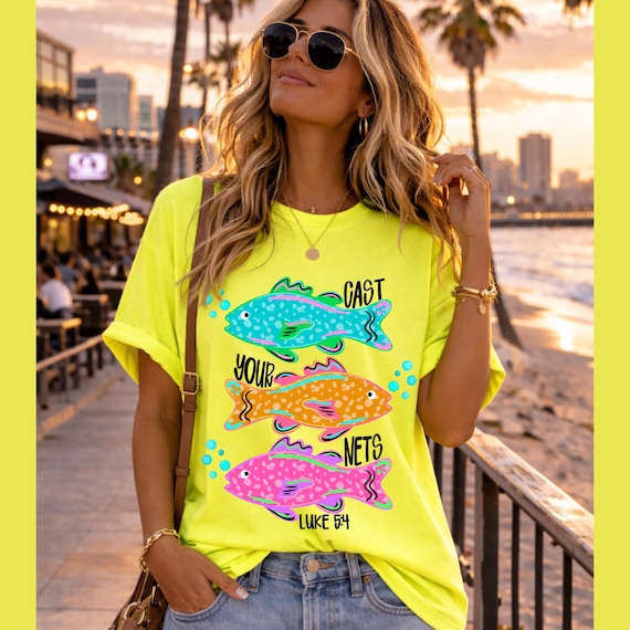 Cast Your Nets PNG, Neon Summer Faith PNG, Neon Fish, Christian Digital Download