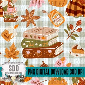 K&ouml;nnte beinhalten: Eine digitale PNG-Datei mit Herbstthema. Das Bild zeigt gestapelte B&uuml;cher, K&uuml;rbisse, Herbstbl&auml;tter, ein Glas K&uuml;rbismarmelade und ein St&uuml;ck Kuchen. Der Text "PNG DIGITAL DOWNLOAD 300 DPI" ist ebenfalls vorhanden.